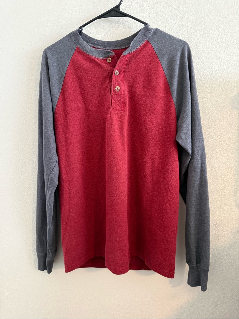 Y2K Henley Hanes Red Body with Gray Raglan Long-Sleeve